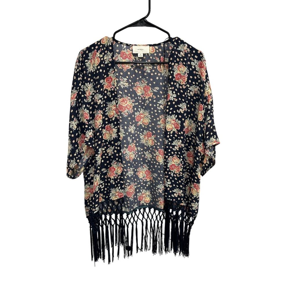 En Crème Floral Fringe Kimono Cardigan Size L Boho Style Whimsigoth Fairy Grunge